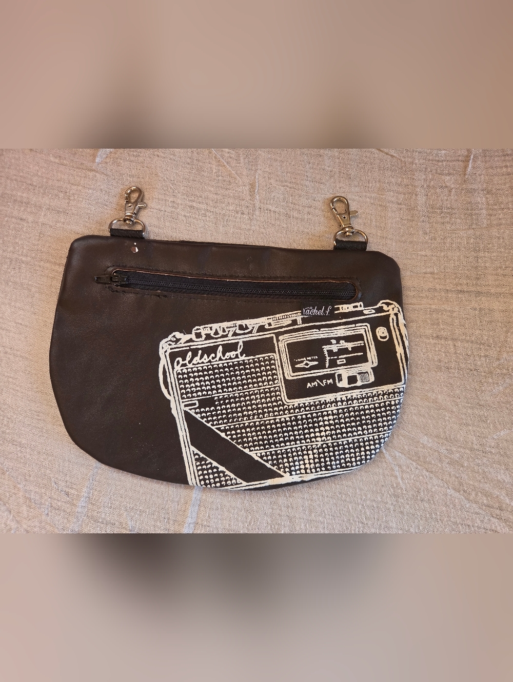 Rachel F Vintage Black Boombox Radio Print Crossbody Pouch. Quebec Designer.